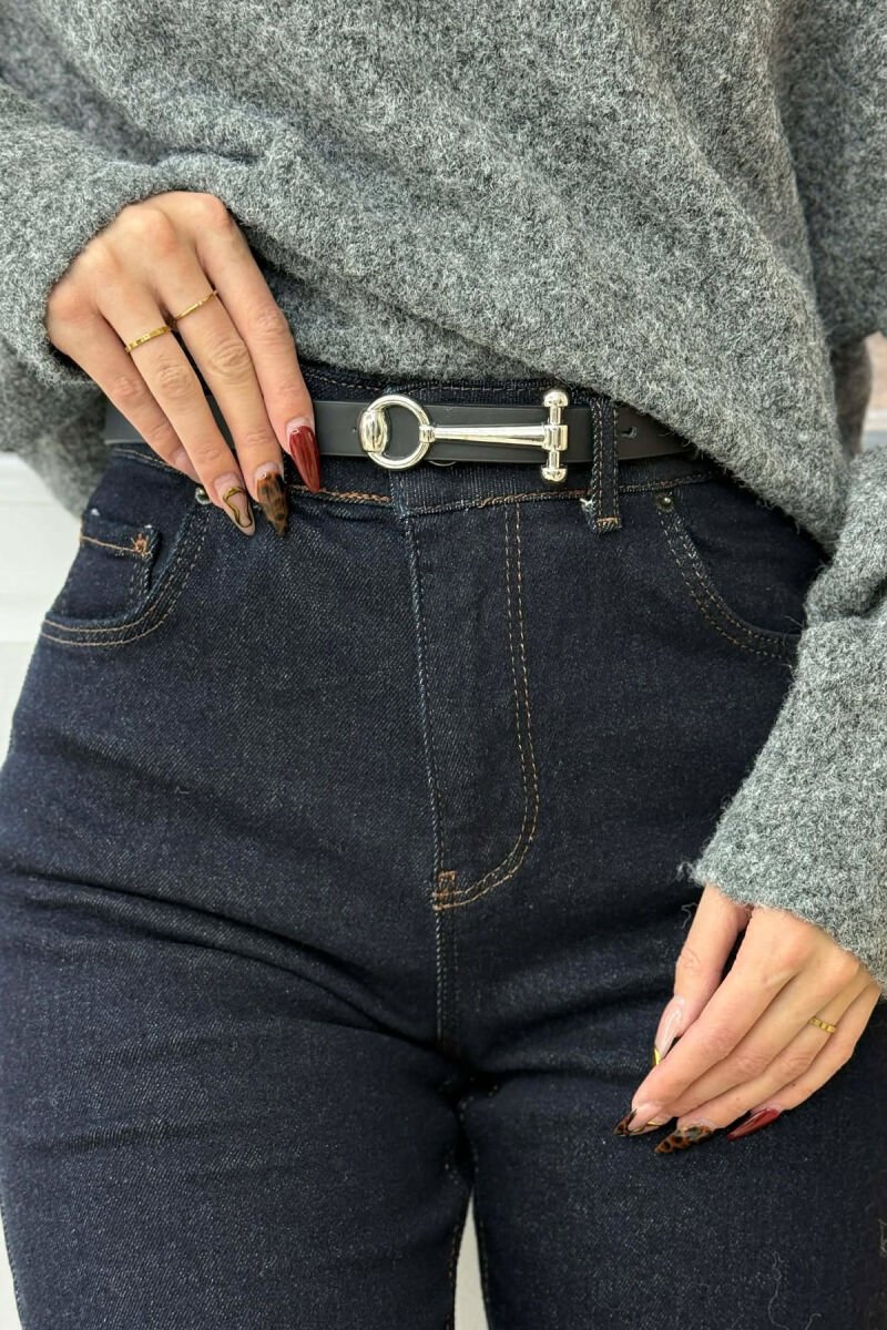 THIN LEATHER WOMEN BELT BLACK+SILVER/ZEZE+ARGJEND - 2