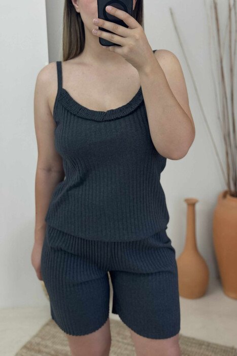 THIN STRAP TANK TOP+SHORTS WOMEN PYJAMAS DARK GREY/GEE - KLAUDIO FASHION