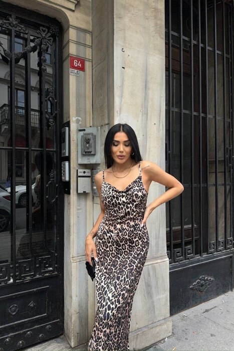 THIN STRAPS LONG ELASTIC WOMEN DRESS LEO/LEOPARD - KLAUDIO FASHION