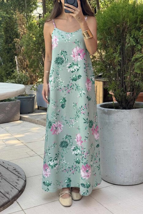 THIN STRAPS LONG FLORAL DESIGN WOMEN DRESS MINT/MENTE - 3