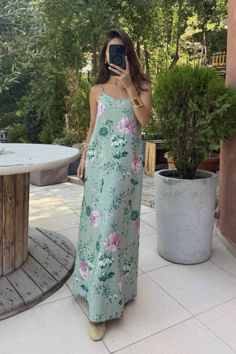THIN STRAPS LONG FLORAL DESIGN WOMEN DRESS MINT/MENTE - 6