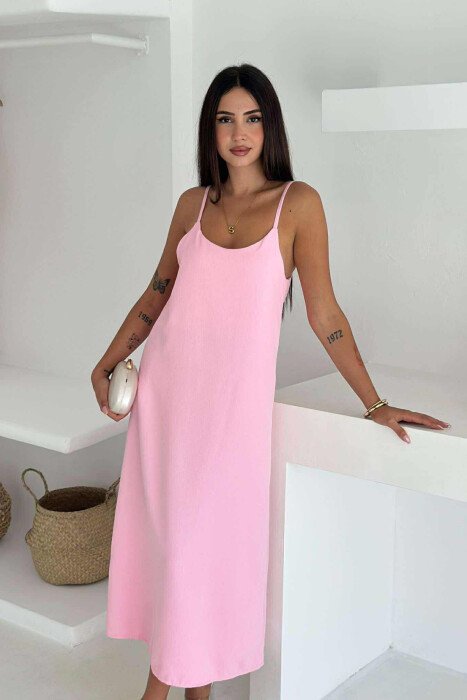 THIN STRAPS ONE COLOR LONG WOMEN DRESS BABY PINK/ROZB 
