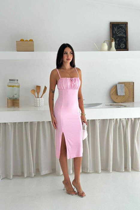 THIN STRAPS ONE COLOR SIMPLE WOMEN DRESS PINK/ROZE - 4