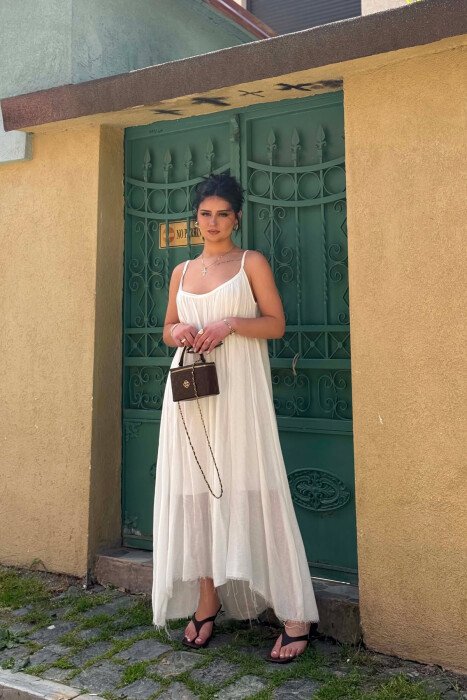 THIN STRAPS ONE COLOR WOMEN DRESS WHITE-E BARDHE - KLAUDIO FASHION