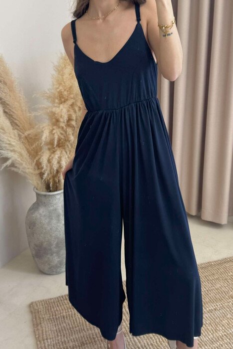 THIN STRAPS ONE COLOR WOMEN JUMPSUIT DARK BLUE/BEE - 3