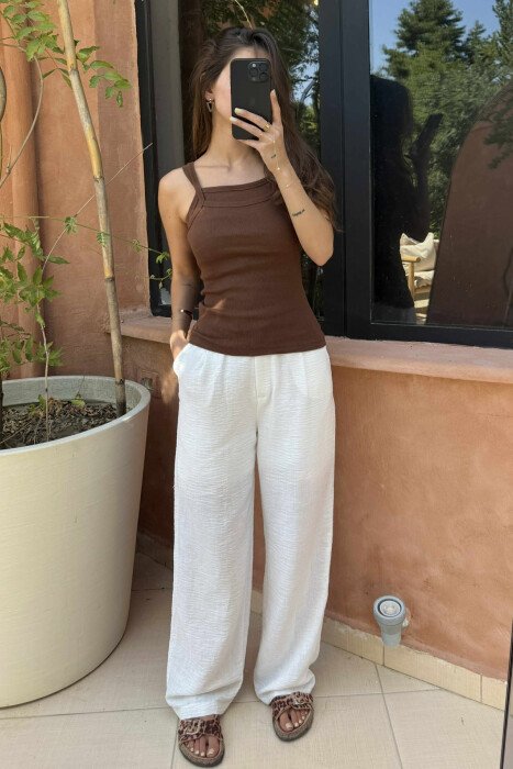 THIN STRAPS ONE COLOR WOMEN TANK TOP BROWN/KAFE - KLAUDIO FASHION