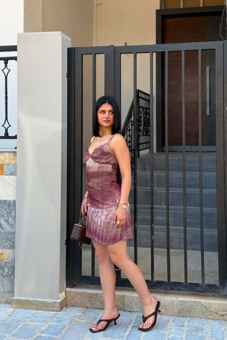 THIN STRAPS V NECK WOMAN DRESS BEIGE+BROWN/BEZHE+KAFE - 5