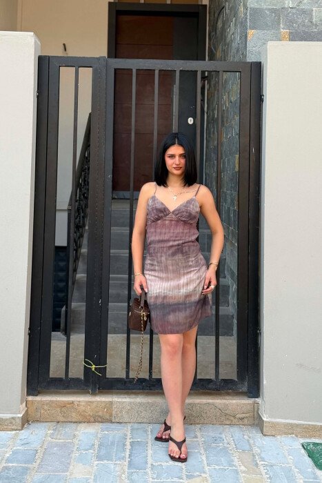 THIN STRAPS V NECK WOMAN DRESS LIGHT BROWN/KAZB - 1