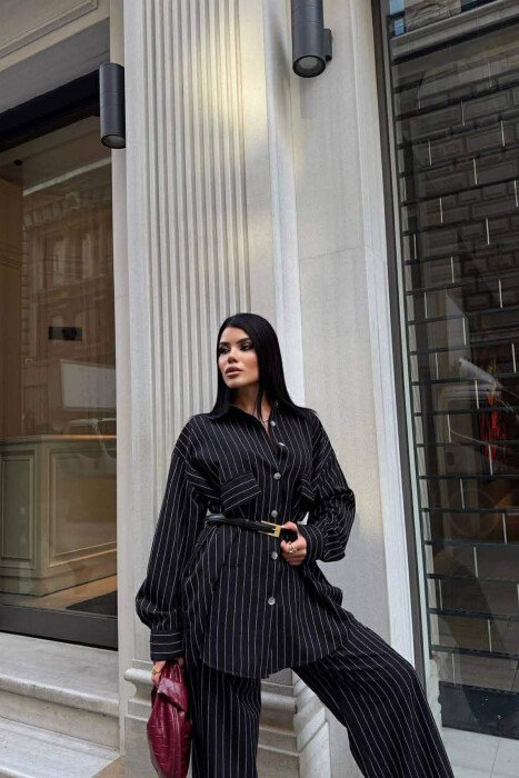THIN STRIPE DESIGN SHIRT+TROUSERS WOMEN SET BLACK/ E ZEZE - 2