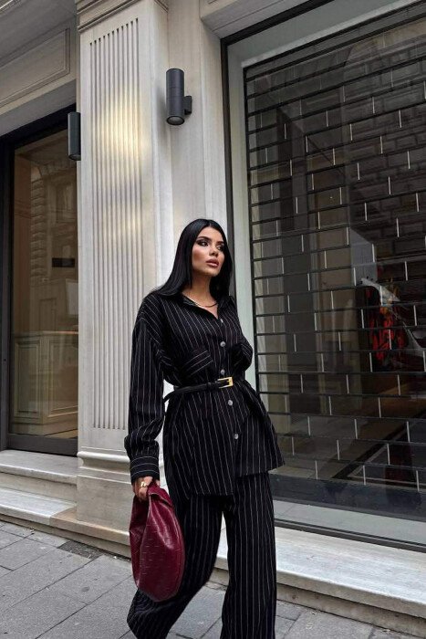 THIN STRIPE DESIGN SHIRT+TROUSERS WOMEN SET BLACK/ E ZEZE - 4