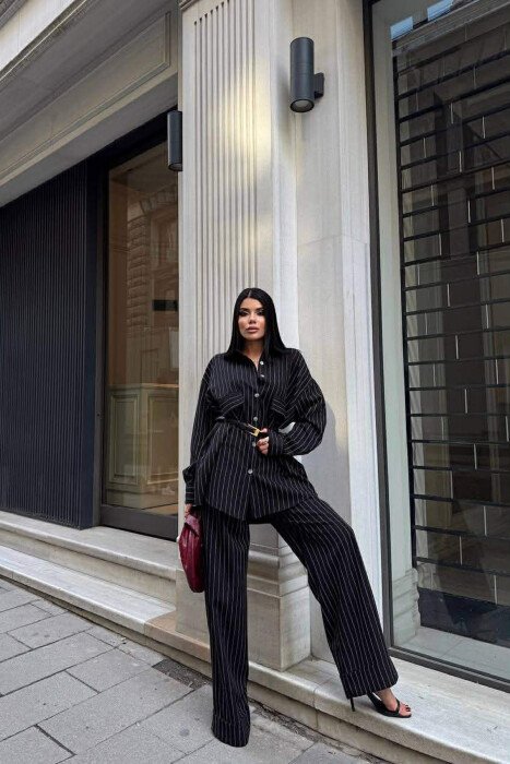 THIN STRIPE DESIGN SHIRT+TROUSERS WOMEN SET BLACK/ E ZEZE 