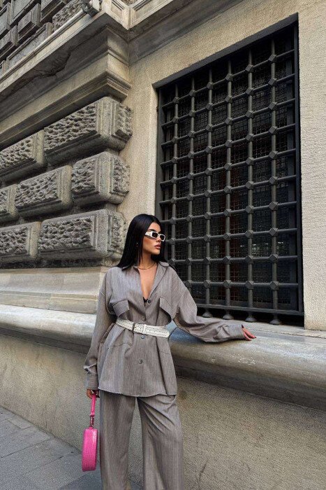THIN STRIPE DESIGN SHIRT+TROUSERS WOMEN SET GREY/GRI 