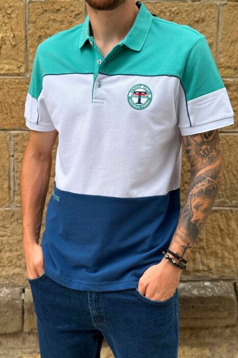THREE COLORS POLO NECK MEN T-SHIRT BLUE STONE/GK - 5
