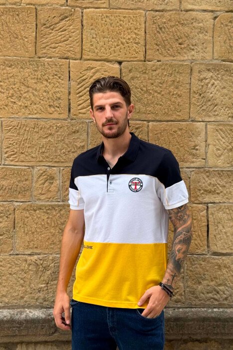 THREE COLORS POLO NECK MEN T-SHIRT BLUE-YELLOW/BLVE - KLAUDIO FASHION