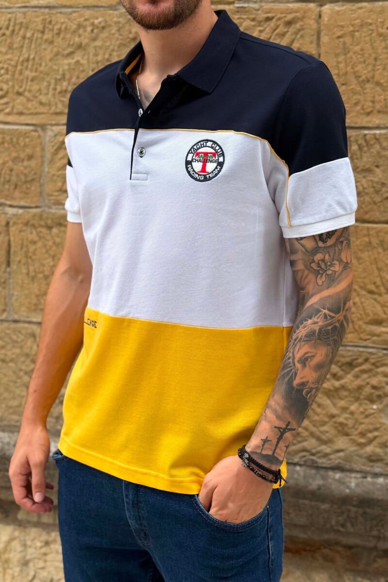 THREE COLORS POLO NECK MEN T-SHIRT BLUE-YELLOW/BLVE - 4