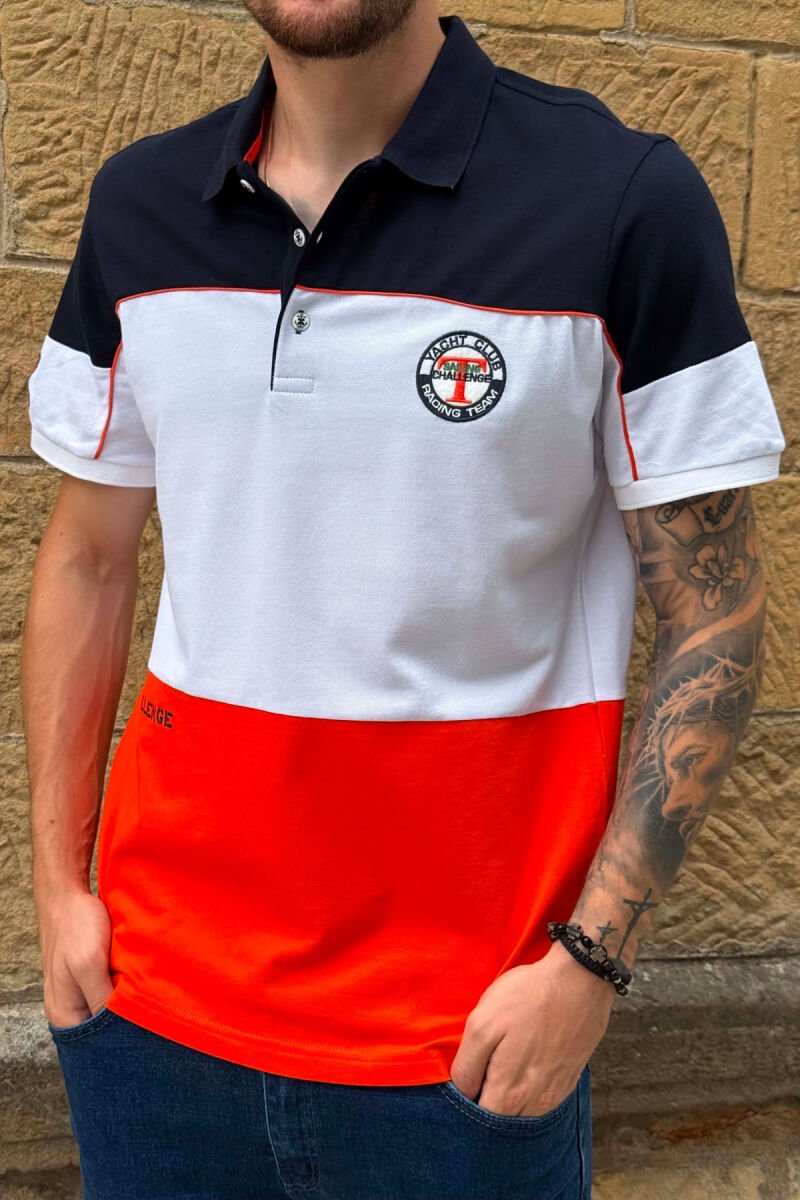 THREE COLORS POLO NECK MEN T-SHIRT BLUE+ORANGE/BLUPO - 5
