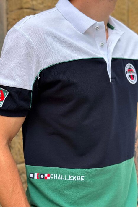 THREE COLORS POLO NECK MEN T-SHIRT WHITE/GREEN-BAJE - 2