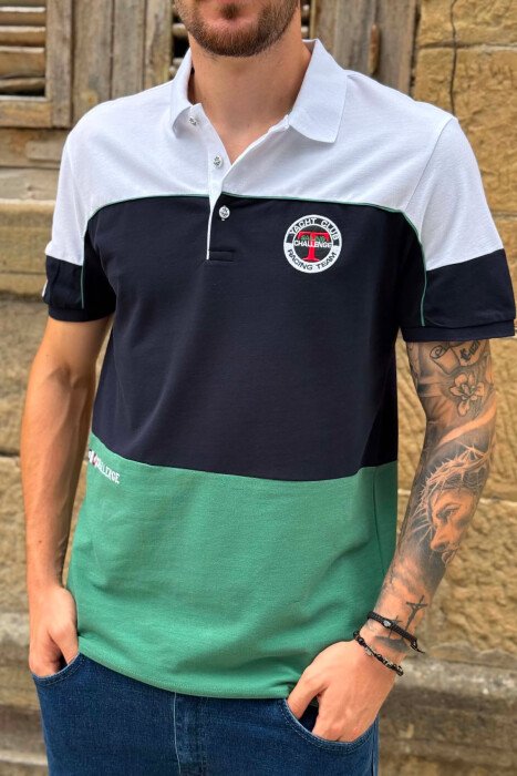 THREE COLORS POLO NECK MEN T-SHIRT WHITE/GREEN-BAJE - 5