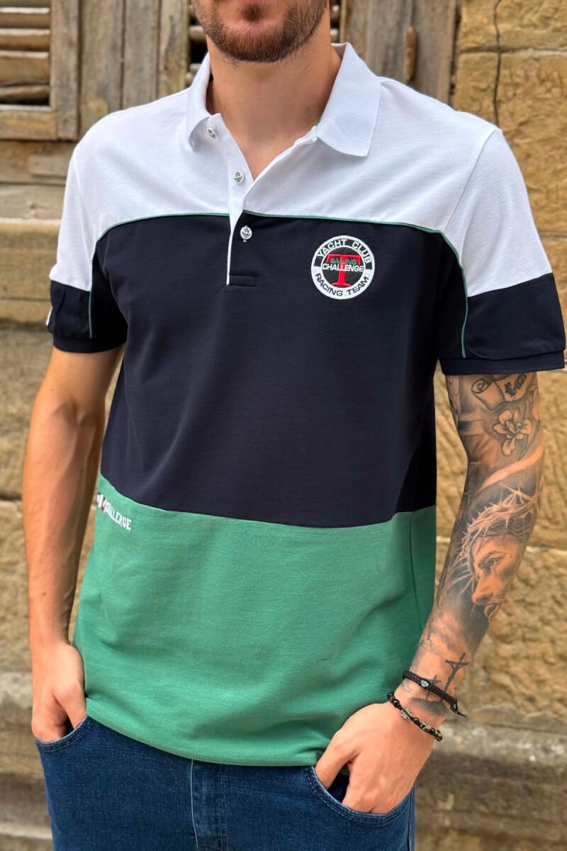 THREE COLORS POLO NECK MEN T-SHIRT WHITE/GREEN-BAJE - 5
