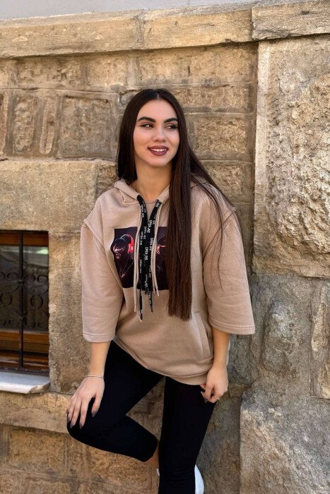 THREE WISE MONKEYS DESIGN WOMEN HOODIE BEIGE/BEZHE - KLAUDIO FASHION