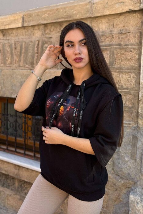 THREE WISE MONKEYS DESIGN WOMEN HOODIE BLACK/ E ZEZE - KLAUDIO FASHION