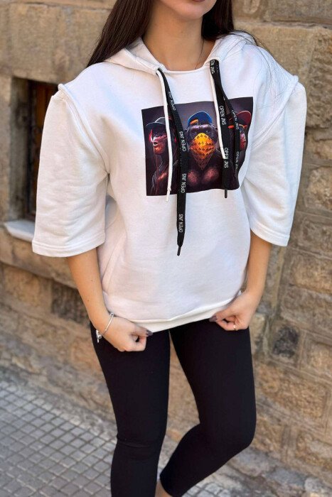 THREE WISE MONKEYS DESIGN WOMEN HOODIE WHITE-E BARDHE - KLAUDIO FASHION