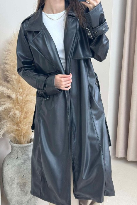 TIED UP BELTED LONG ONE COLOR WOMEN JACKET BLACK/ E ZEZE - 3