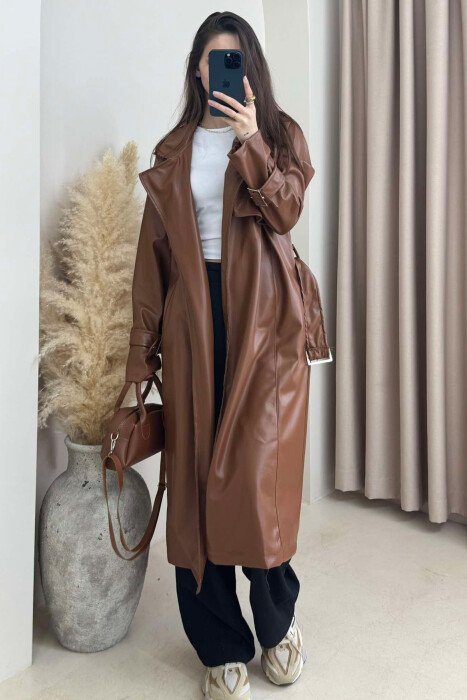 TIED UP BELTED LONG ONE COLOR WOMEN JACKET BROWN/KAFE - 1