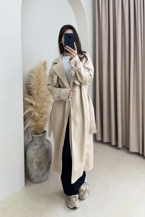 TIED UP BELTED LONG ONE COLOR WOMEN JACKET CREAM/KREM 