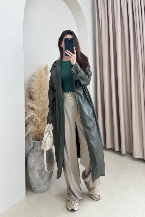 TIED UP BELTED LONG ONE COLOR WOMEN JACKET GREEN/JESHILE - 6