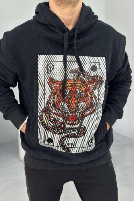 HOODIE PËR MESHKUJ ME DIZANJ TIGRI NË NGJYRËN E ZEZË - KLAUDIO FASHION