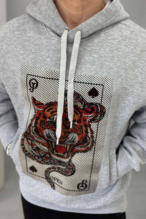 TIGER CARD DESIGN MEN HOODIE GREY/GRI - KLAUDIO FASHION