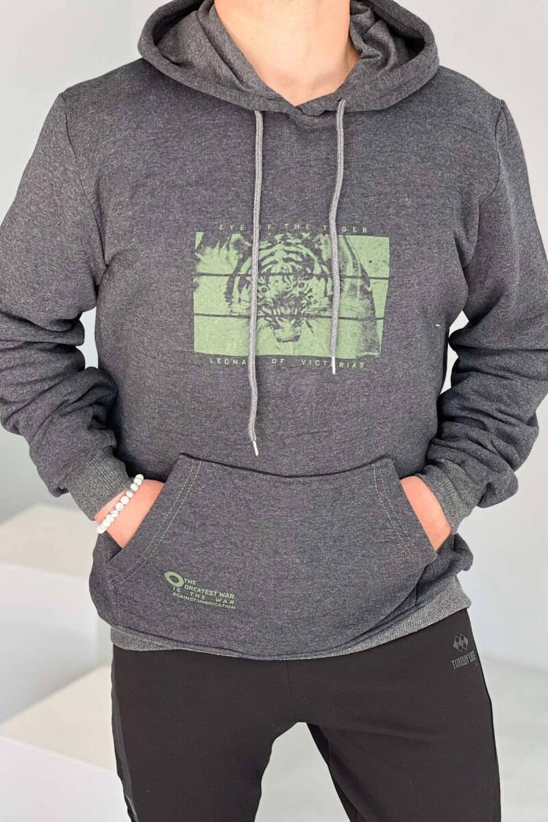 TIGER IMAGE FLUFFY MEN HOODIE DARK GREY/GEE - 1