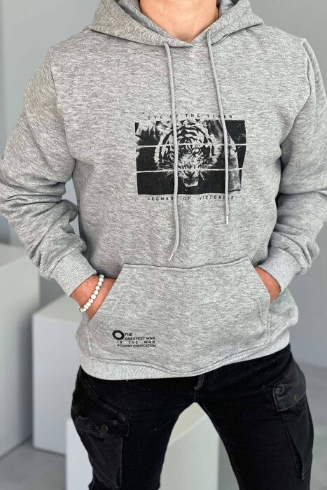 TIGER IMAGE FLUFFY MEN HOODIE LIGHT GREY/GZ - KLAUDIO FASHION