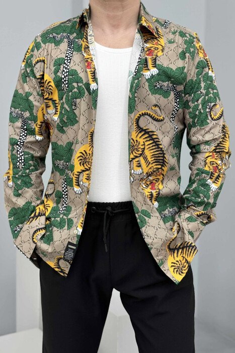 TIGERS PRINT LONG SLEEVES MEN SHIRT GREEN/YELLOW/JEVE - KLAUDIO FASHION