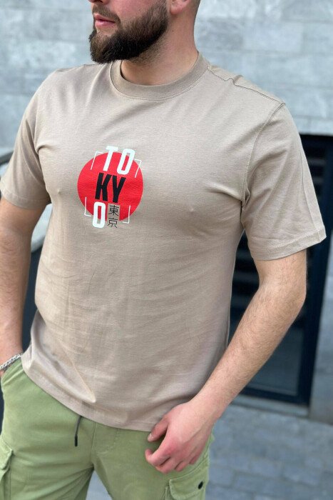 TOKYO ROUND NECK COTTON MEN T-SHIRT BEIGE/BEZHE - KLAUDIO FASHION
