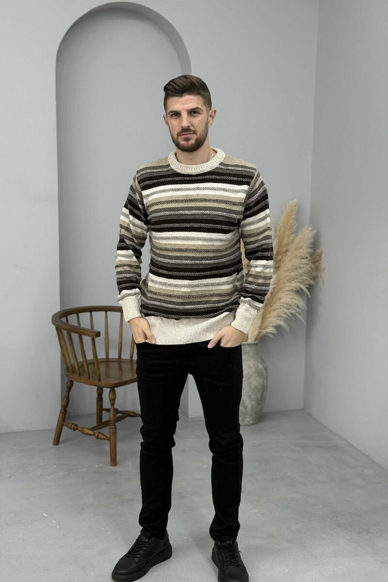 SIMPLE KNITTED STRIPES MEN SWEATER BEIGE/BEZHE - 2