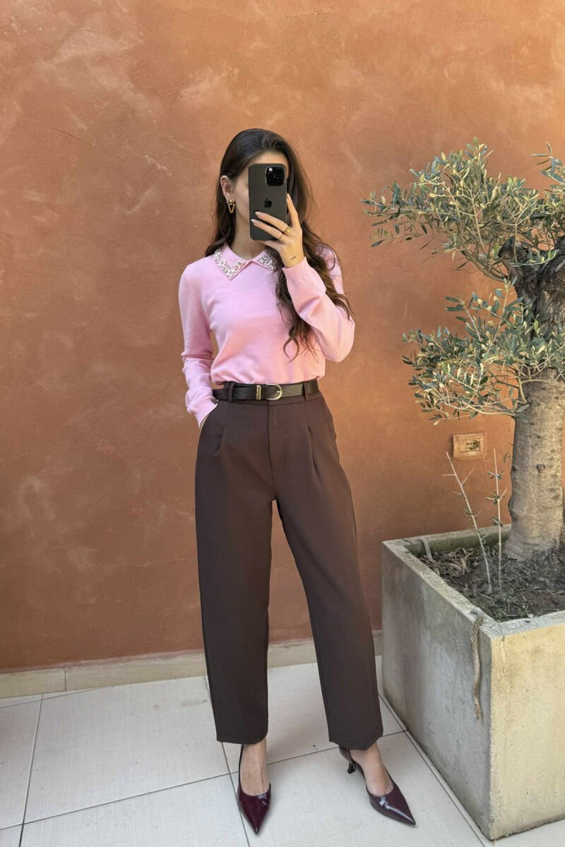 POLO NECK SHINY STONES DETAIL WOMEN SWEATER PINK/ROZE - 1