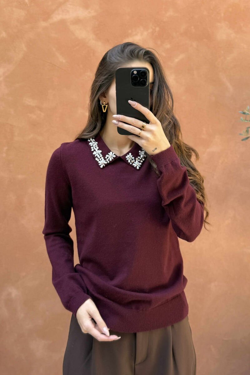 TRIKO ME JAKË POLO & DIZANJ GURËSH ME SHKËLQIM PËR FEMRA NË NGJYRËN VISHNJË - 3