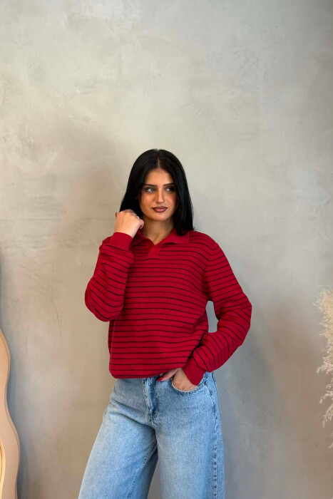 TRIKO ME JAKË POLO & DIZANJE VIJASH PËR FEMRA NË NGJYRE VISHNJE - 2
