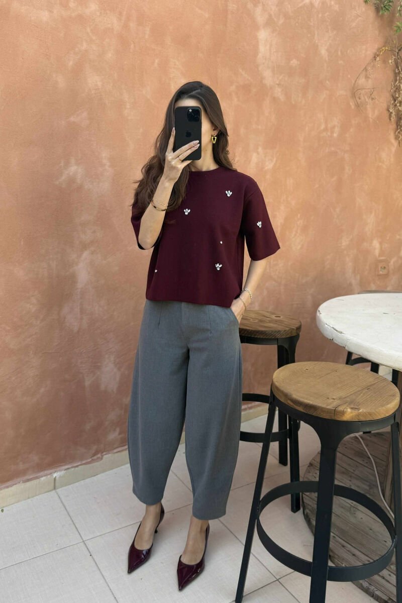 SHINY STONES DETAILS SHORT SLEEVES WOMEN SWEATER BURGUNDY/VISHNJE - 1