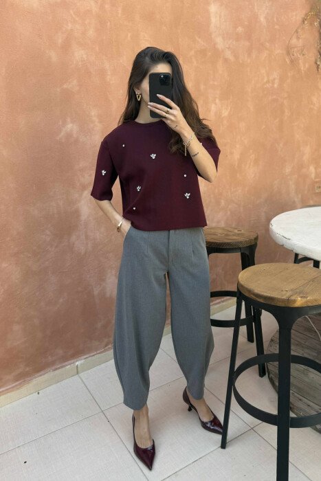 SHINY STONES DETAILS SHORT SLEEVES WOMEN SWEATER BURGUNDY/VISHNJE - 2