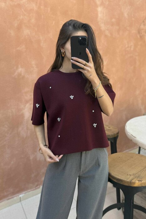 SHINY STONES DETAILS SHORT SLEEVES WOMEN SWEATER BURGUNDY/VISHNJE - 3