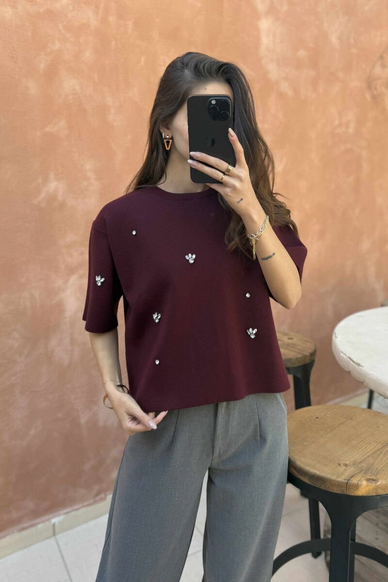 SHINY STONES DETAILS SHORT SLEEVES WOMEN SWEATER BURGUNDY/VISHNJE - 3
