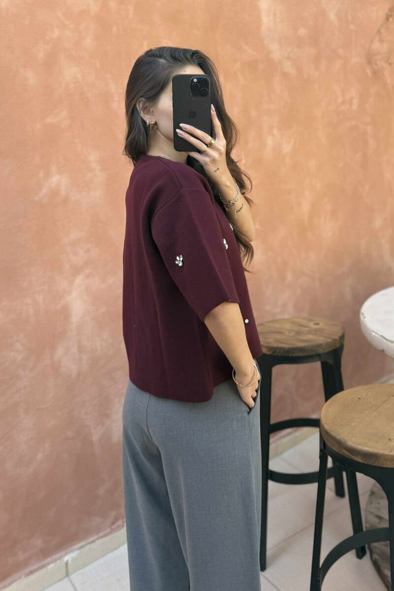 SHINY STONES DETAILS SHORT SLEEVES WOMEN SWEATER BURGUNDY/VISHNJE - 4