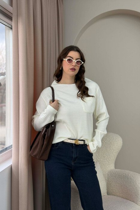 POCKET DETAIL ONE COLOR WOMEN SWEATER WHITE-E BARDHE - KLAUDIO FASHION