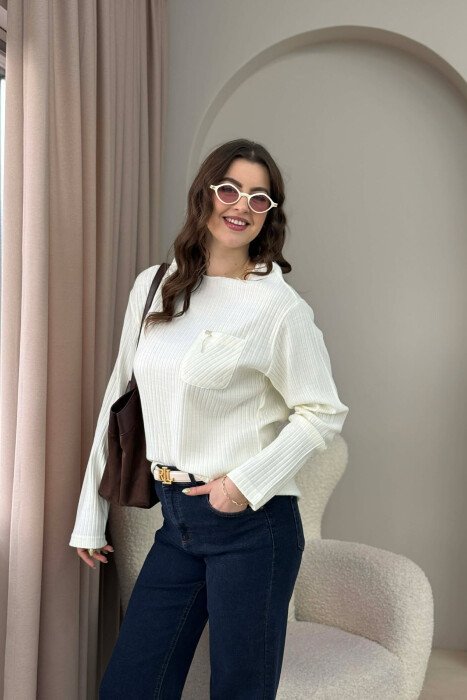 POCKET DETAIL ONE COLOR WOMEN SWEATER WHITE-E BARDHE - 2