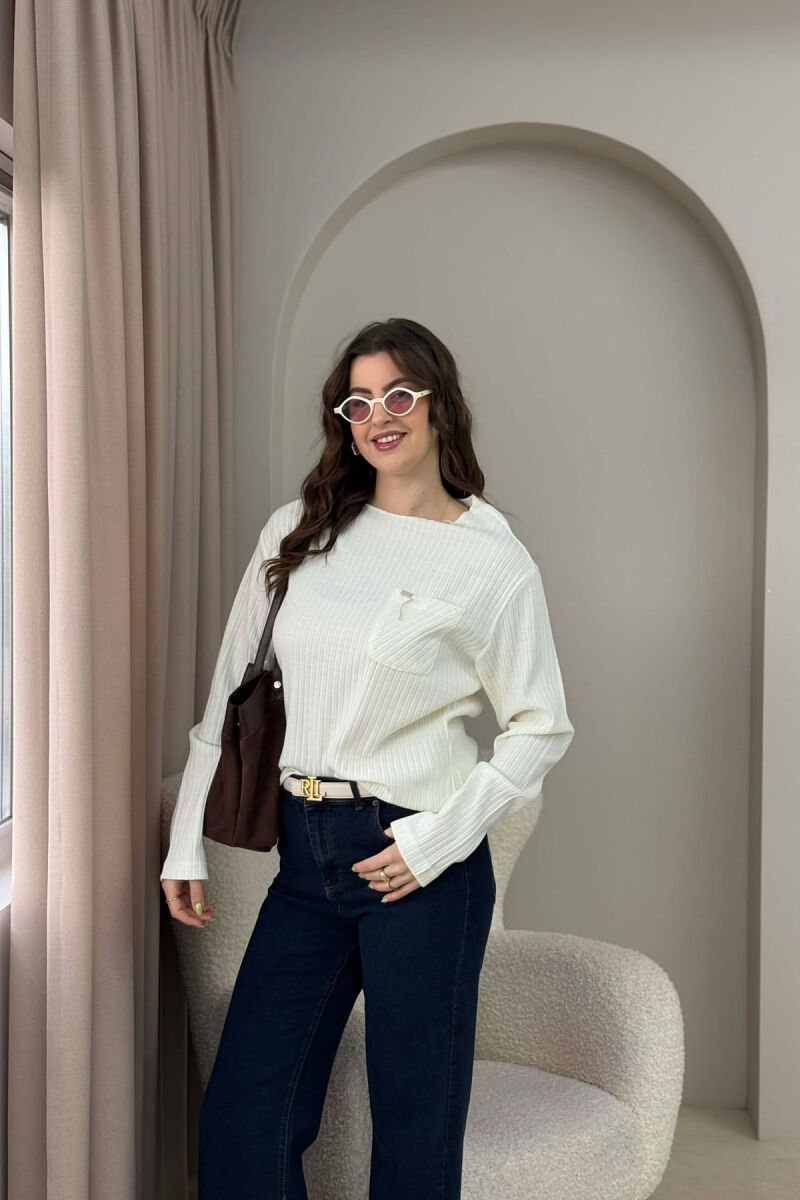 POCKET DETAIL ONE COLOR WOMEN SWEATER WHITE-E BARDHE - 4
