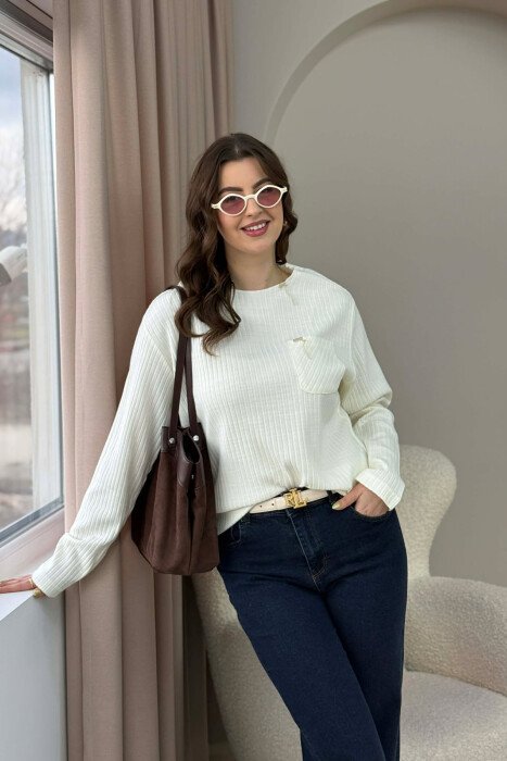 POCKET DETAIL ONE COLOR WOMEN SWEATER WHITE-E BARDHE - 6