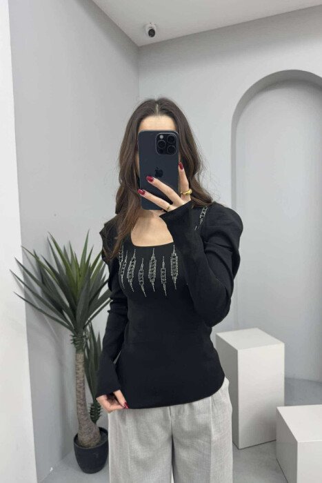 TRIKO NJË NGJYRËSHE ME DETAJIN E PERLAVE PËR FEMRA NË NGJYRËN E ZEZË - 2